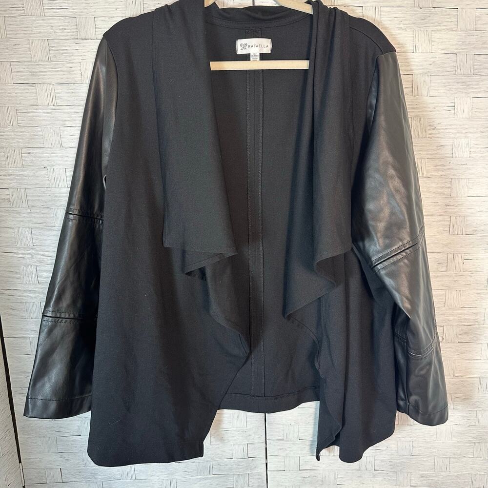 Rafaella open waterfall front cardigan jacket black foe leather sleeves plus siz